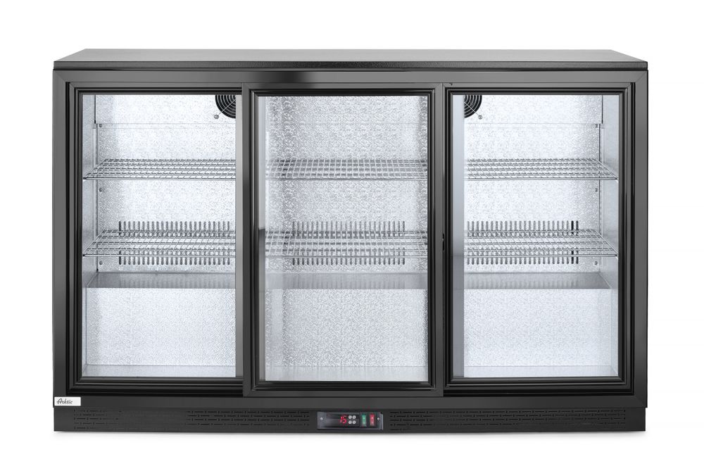 Backbar refrigerator with three sliding doors