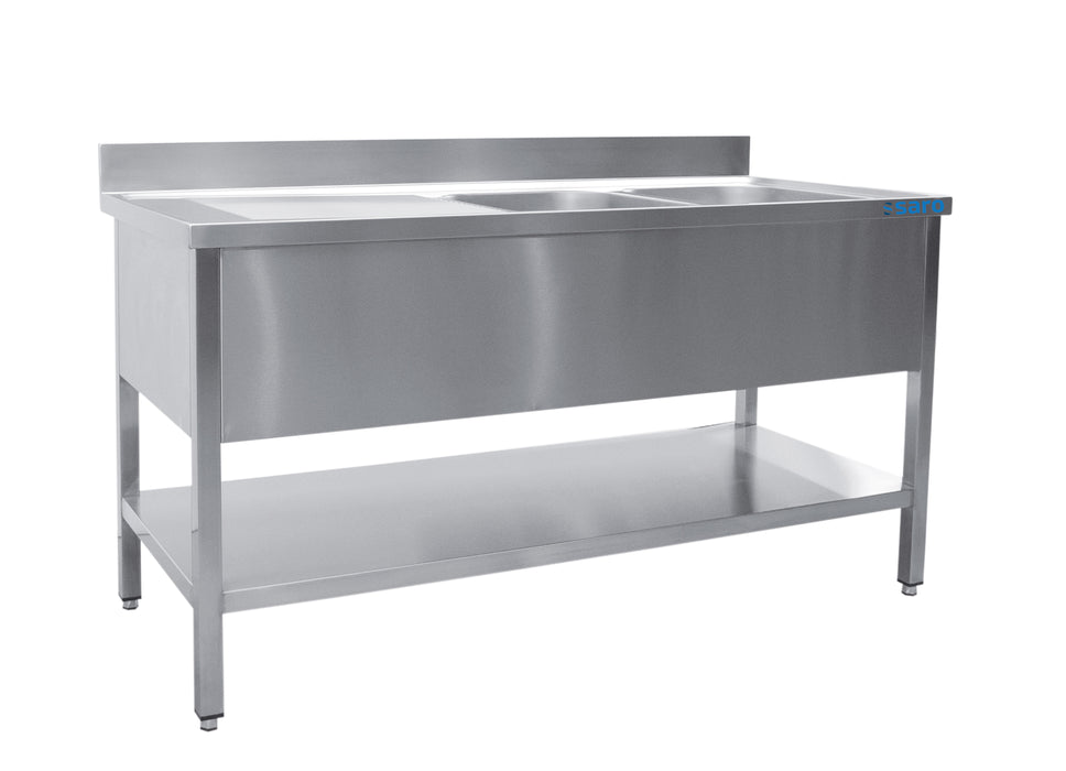 SARO Spoeltafel met twee wasbakken, rechts - 700 mm diepte, 2000 mm