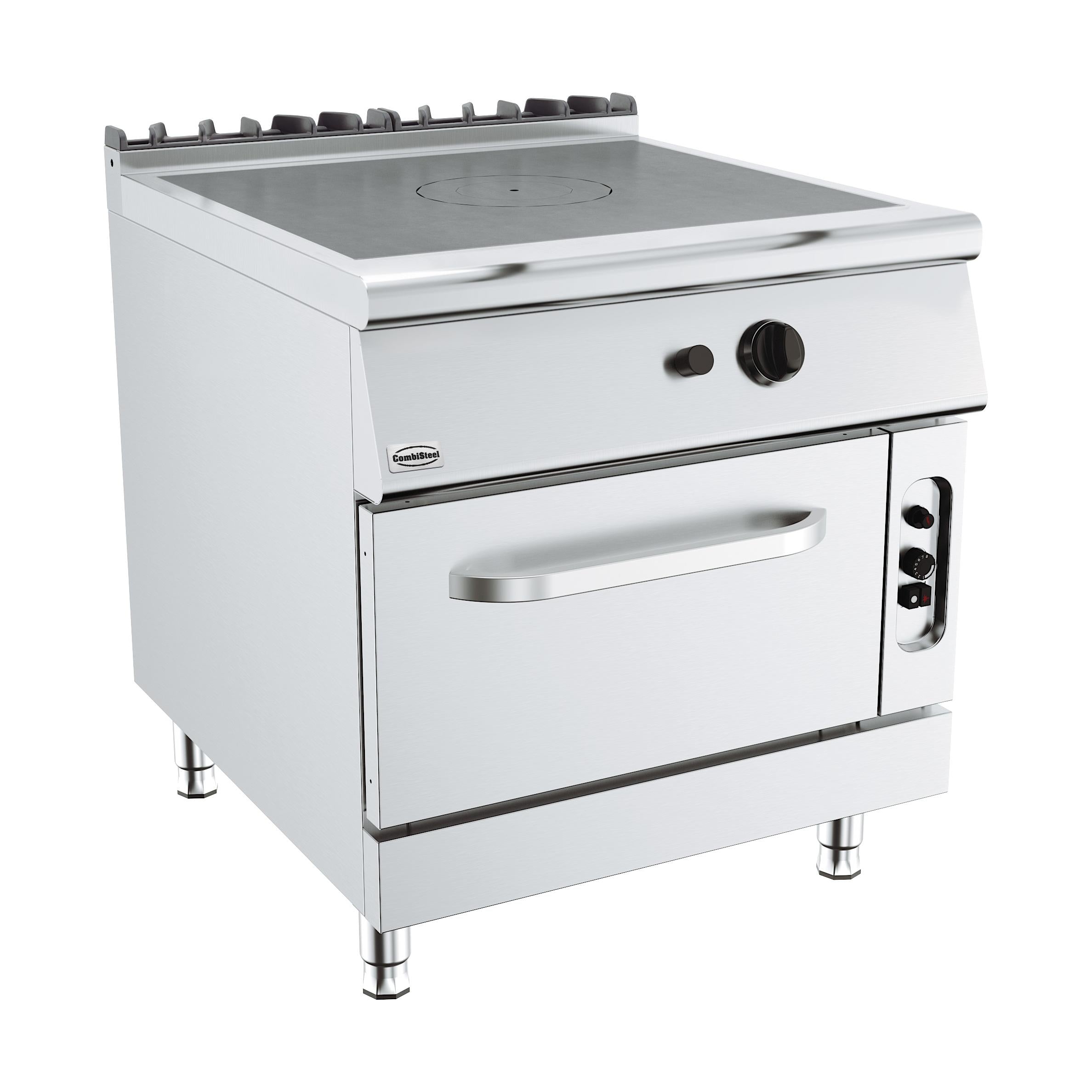 Horeca fornuis met meerdere gaspitten en roestvrijstalen afwerking.