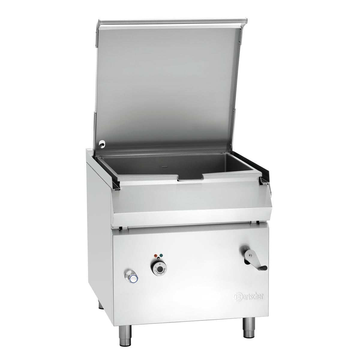 Kantelbare braadpan voor grootkeukens, geschikt voor braden en koken van grote hoeveelheden.