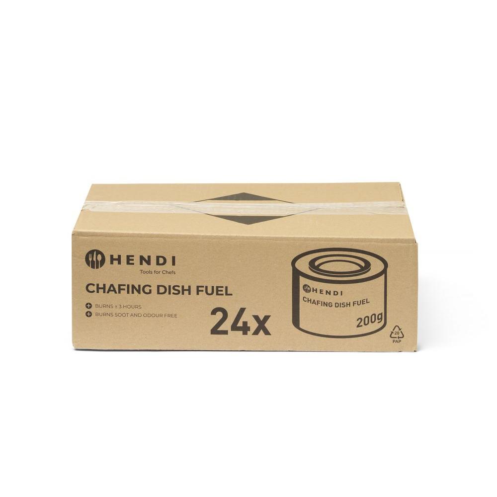 Brandpasta-container met vlam onder chafing dish, gebruikt voor warmhouden van gerechten tijdens buffet of catering.