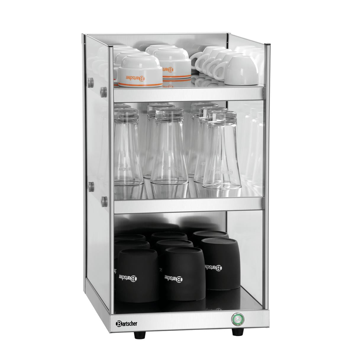 RVS serviesverwarmer met open lade gevuld met opgestapelde, verwarmde borden in horecakeuken of buffetopstelling.