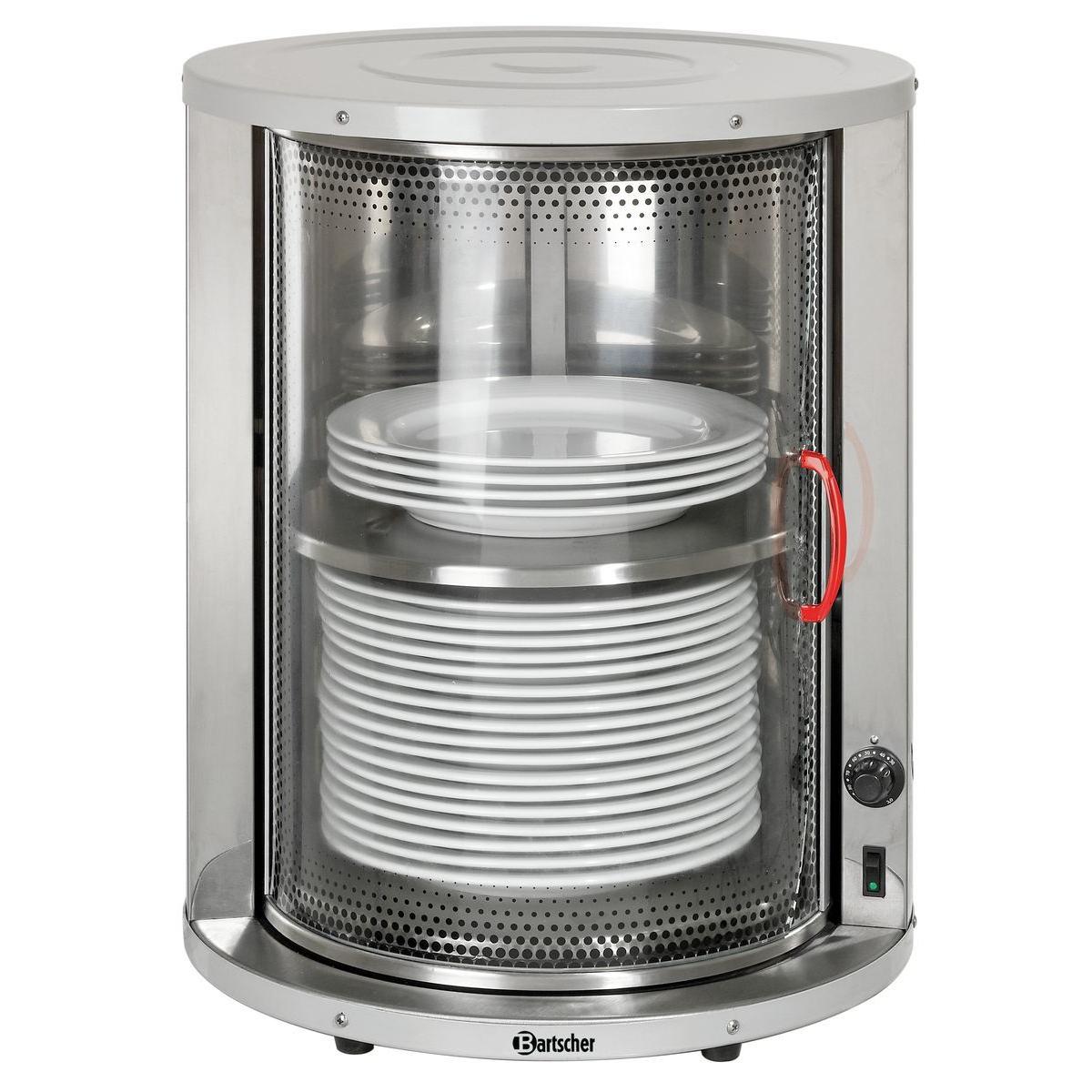 Professionele bordenverwarmer met uitschuiflade, gevuld met opgestapelde warme borden in horecaomgeving.