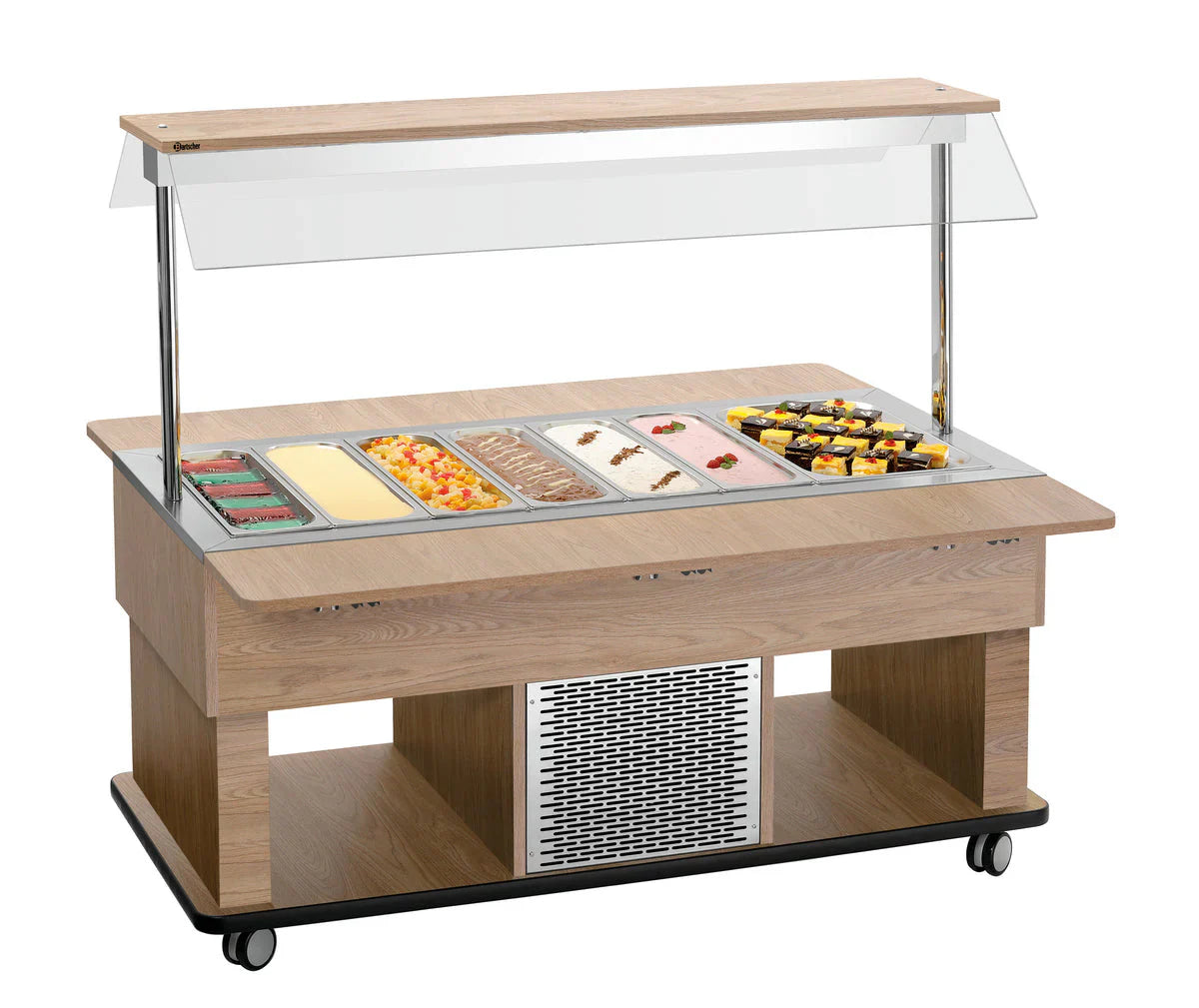 Bain-Marie buffetmeubel met meerdere GN-bakken, perfect voor warme zelfbediening bij hotelontbijt of restaurantbuffet.