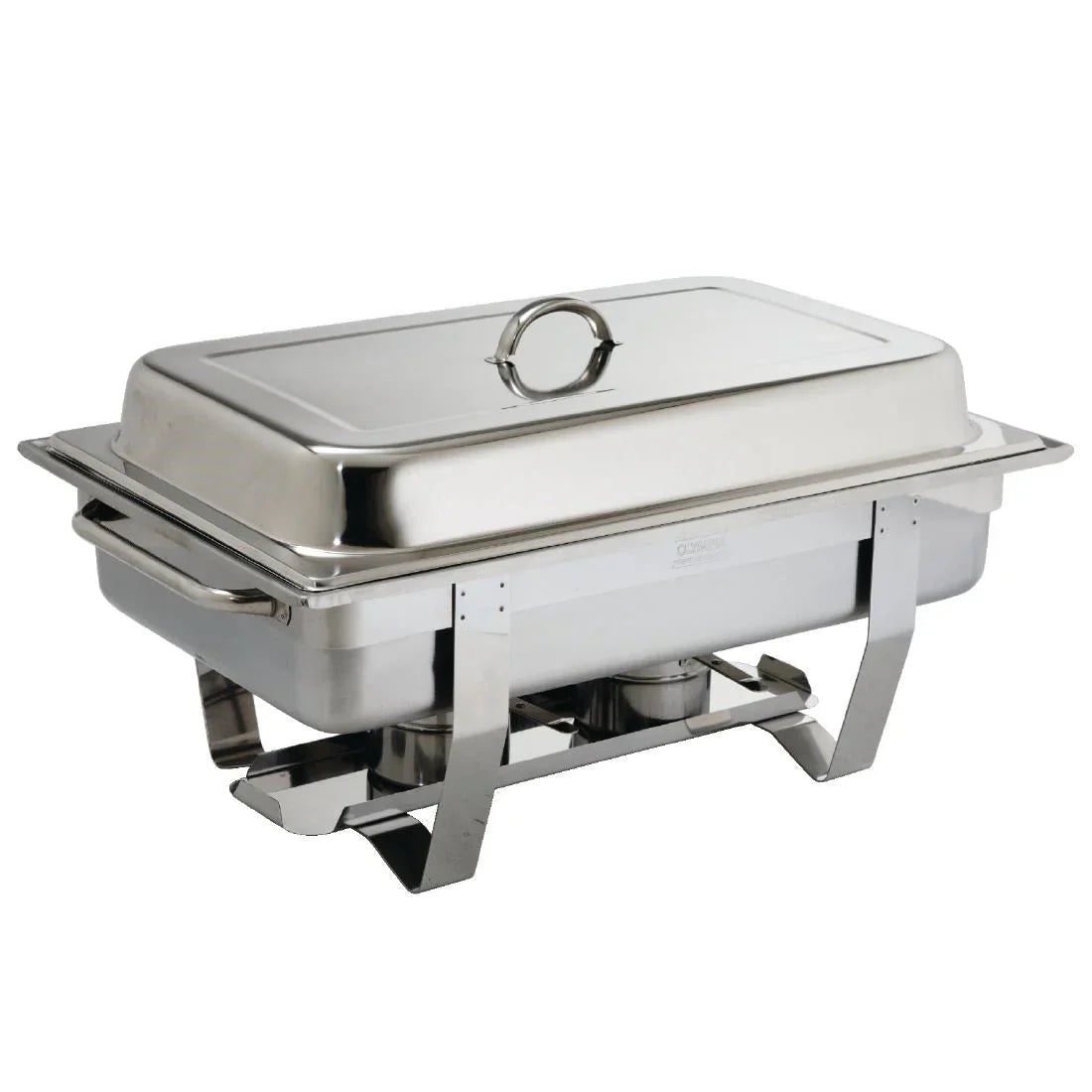 Roestvrijstalen chafing dish met deksel, gevuld met warm gerecht op een buffetopstelling tijdens een evenement.
