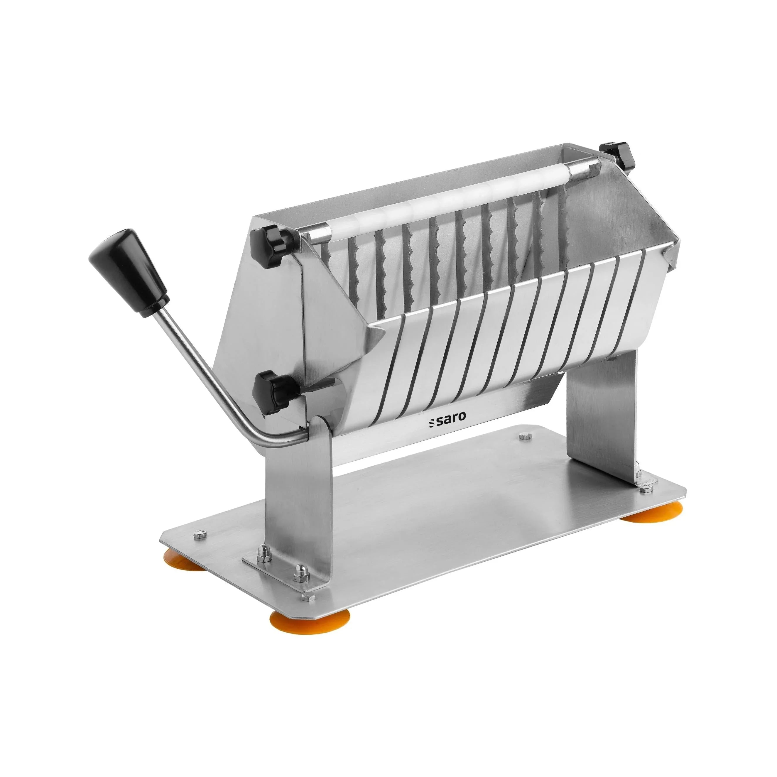 Professionele curryworstsnijder voor het snel in plakjes snijden van braadworst in de horeca.