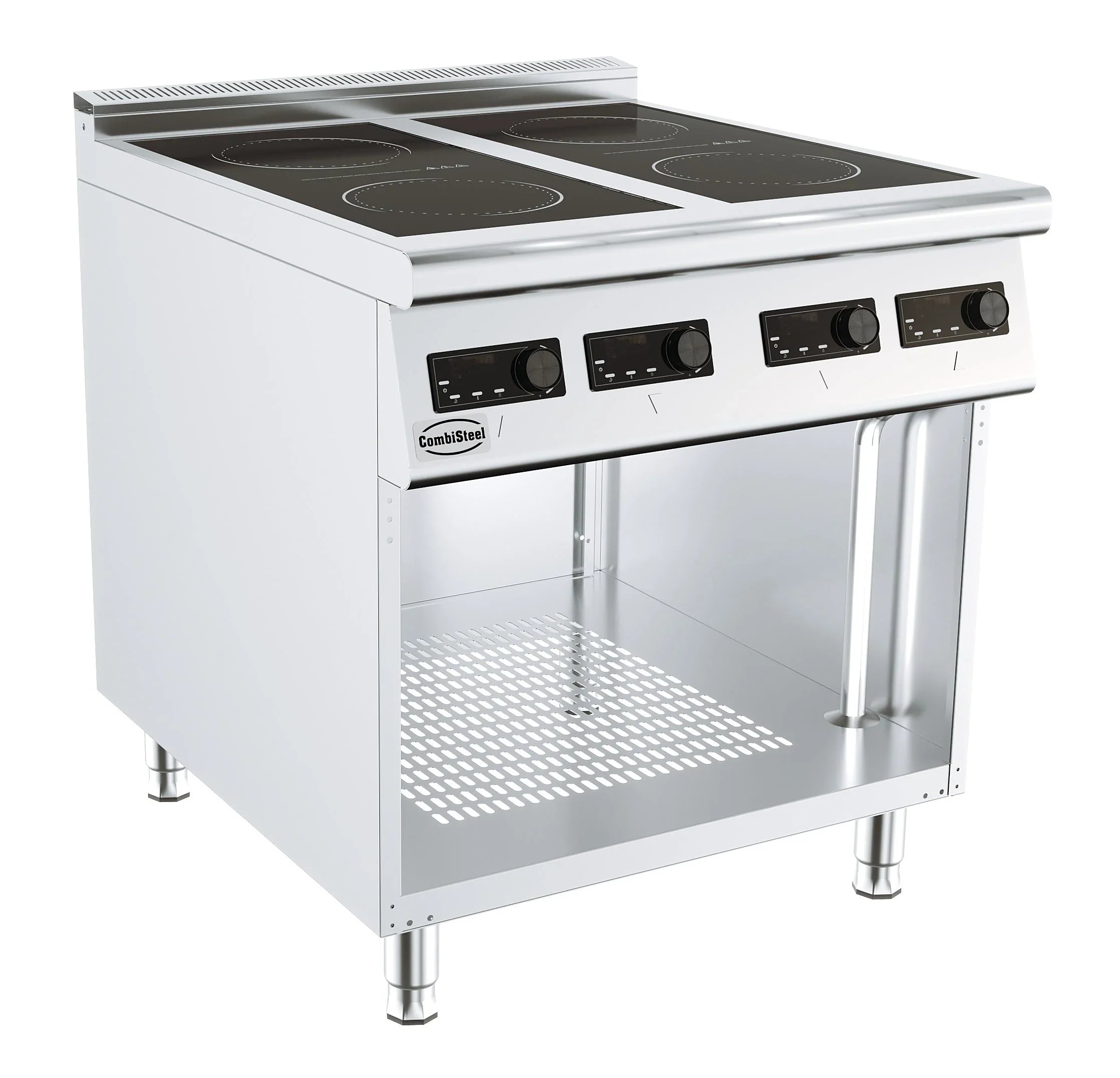 Professioneel elektrisch fornuis met meerdere kookzones en oven, geschikt voor intensief horecagebruik.