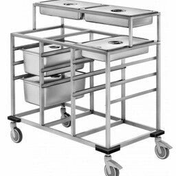 Gastronorm uitschepwagen horeca – professionele RVS uitschepwagen voor GN-bakken in grootkeukens, restaurants en catering, duurzaam, hygiënisch en eenvoudig verrijdbaar.