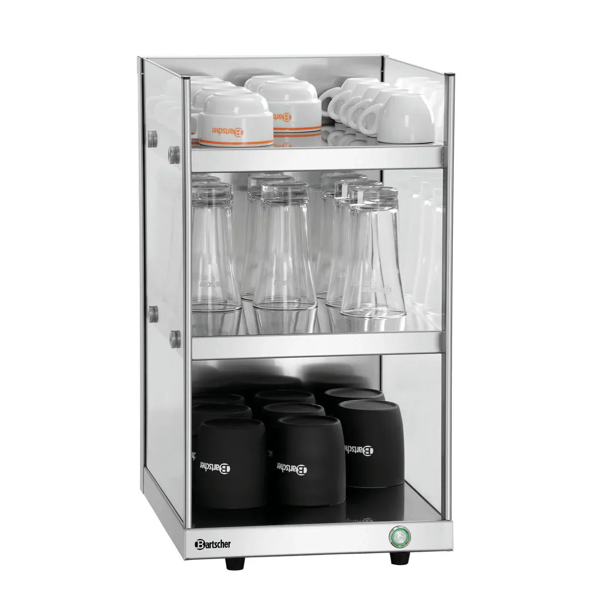 RVS kopjesverwarmer met meerdere warme espressokopjes op een bar of naast een espressomachine.