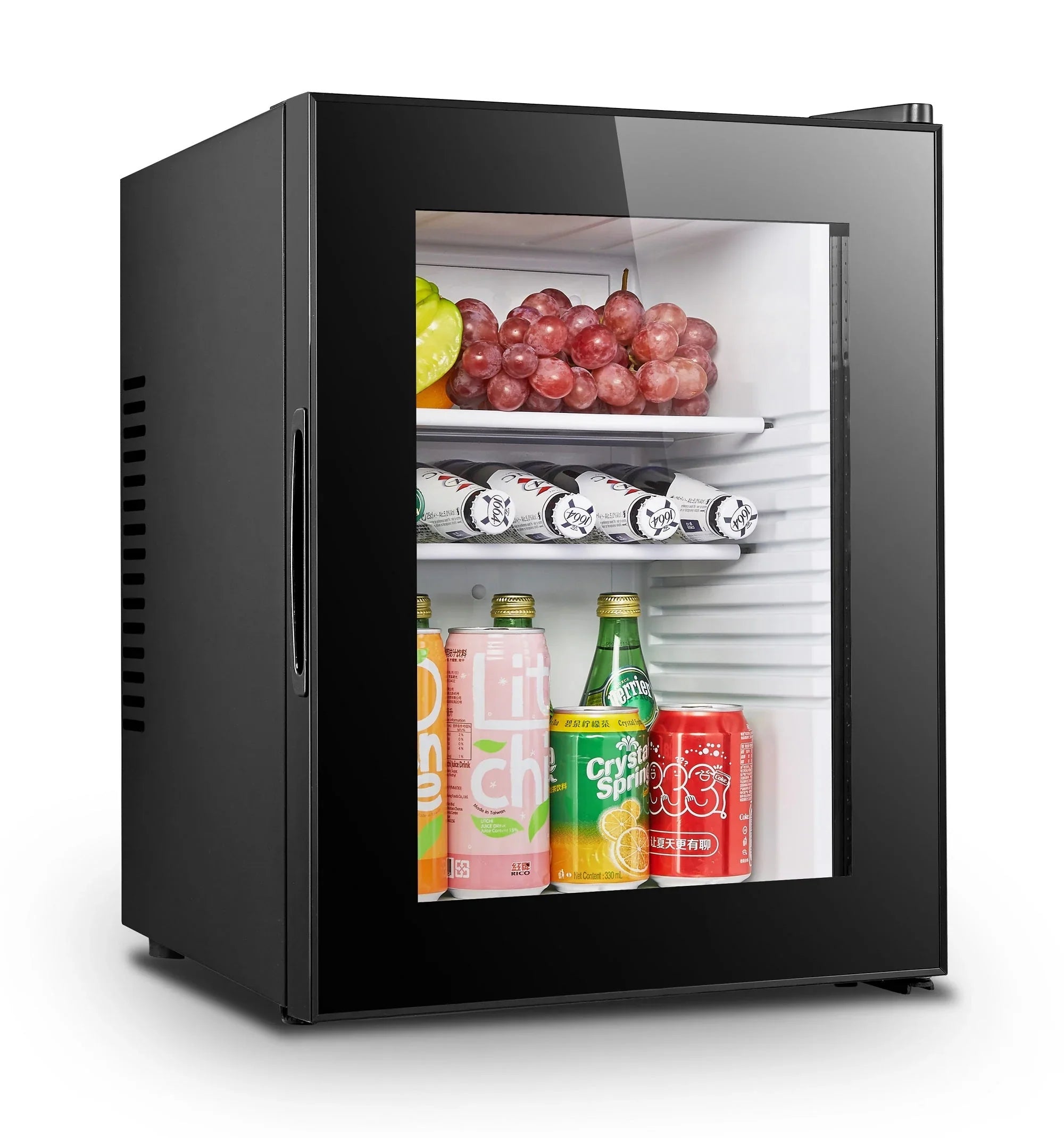 Compacte glazen deur koelkast voor dranken en snacks – zwarte minibar voor horeca en retail