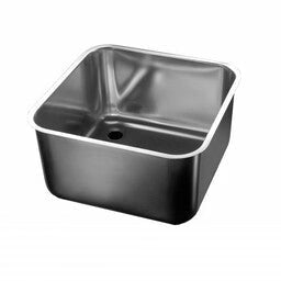 RVS spoelbak met overloop en afvoerplug, ingebouwd in een werktafel in een horecakeuken.