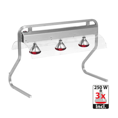 RVS warmtebrug met warmtelampen boven uitgiftebuffet, verlicht en verwarmt borden met warme gerechten.