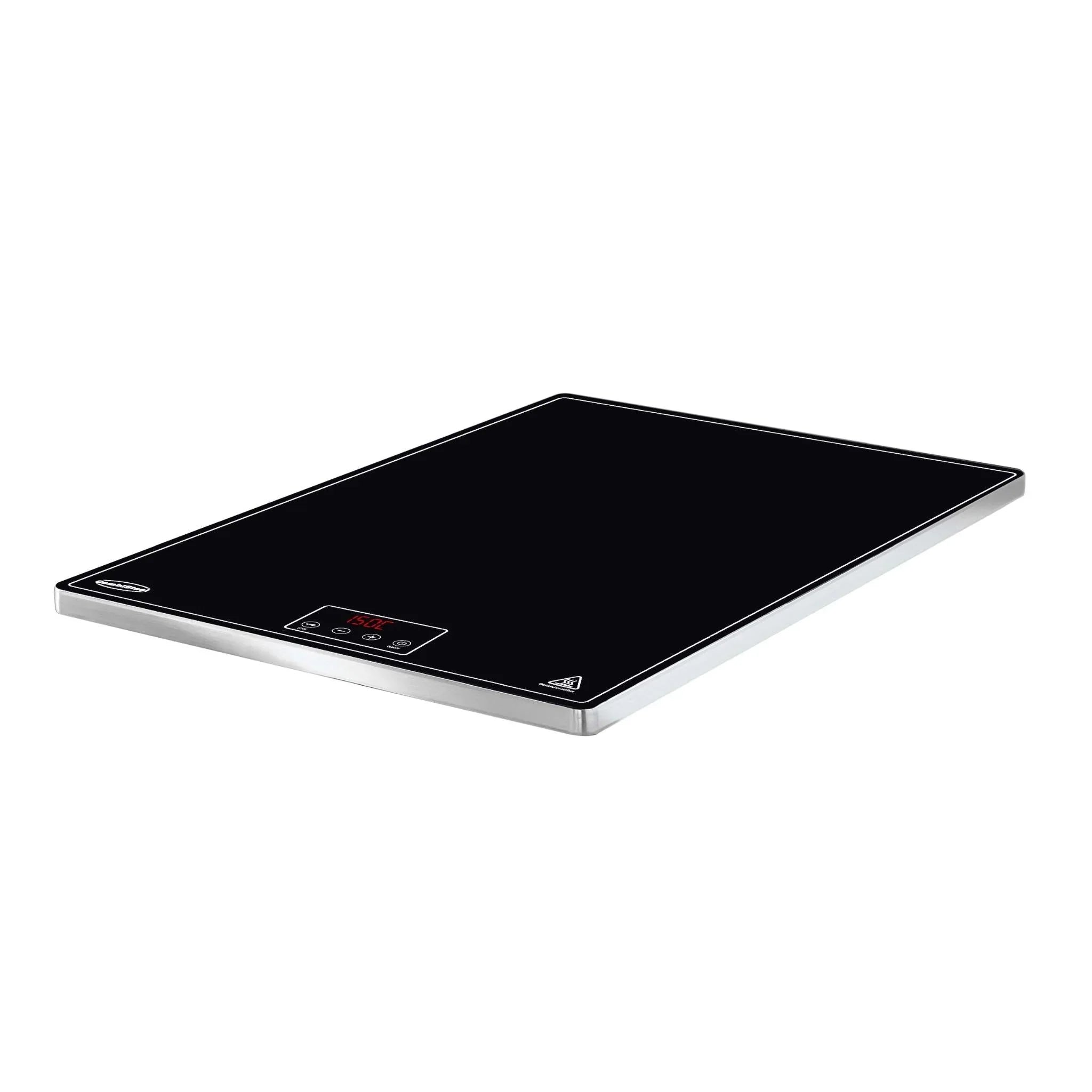 RVS warmteplaat met meerdere schalen, opgesteld op buffet voor het warmhouden van gerechten.