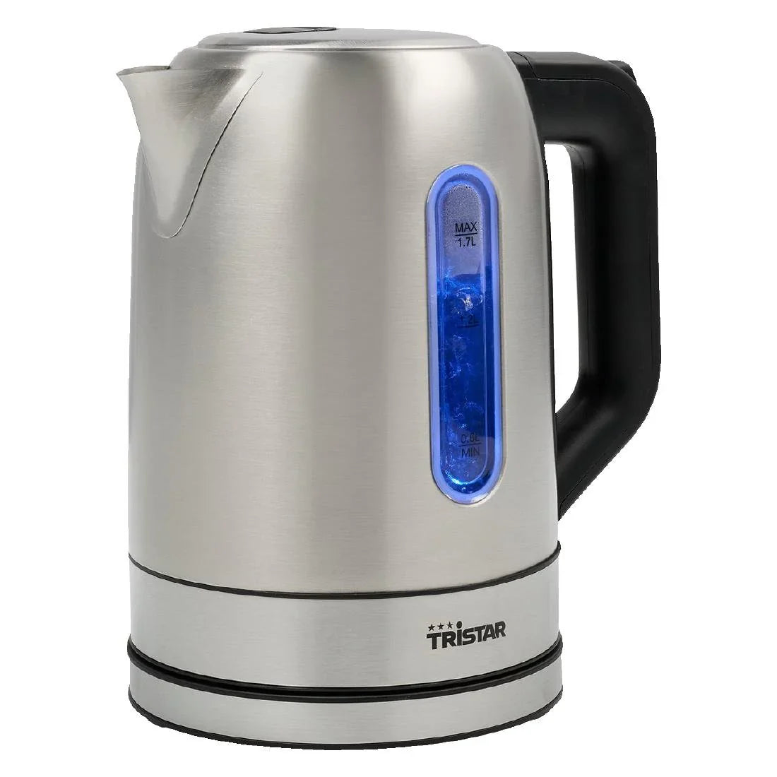 Elektrische waterkoker van RVS of zwart kunststof, geplaatst op aanrecht of in hotelkamer voor individueel gebruik.