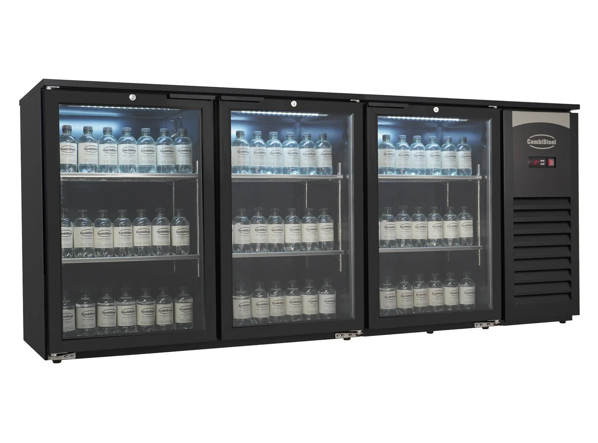Zwarte barkoelkast met 3 glazen deuren en ledverlichting, 470 liter, voor een lange bar