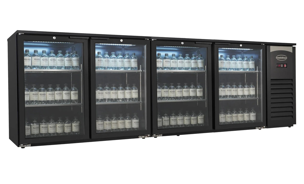 Zwarte barkoelkast met 4 glazen deuren en ledverlichting, 636 liter, voor clubs en evenementenlocaties