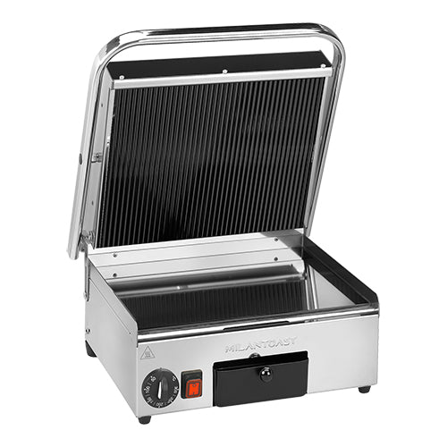 Contactgrill of paninigrill met dubbele bakplaten voor snel en gelijkmatig grillen in de horeca.
