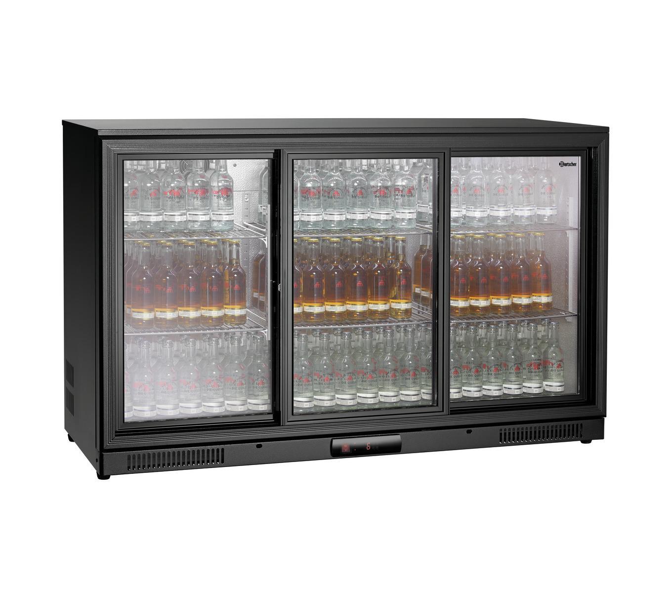 Zwarte flessenkoelkast met drie glazen schuifdeuren – displaykoeler voor horeca en bargebruik