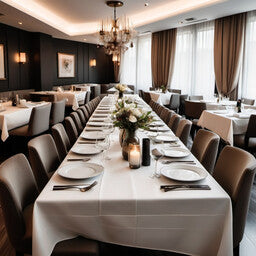 Buffetopstelling met neutrale unit voorzien van stijlvolle aankleding in houtdecor, geplaatst in een hotelrestaurant.