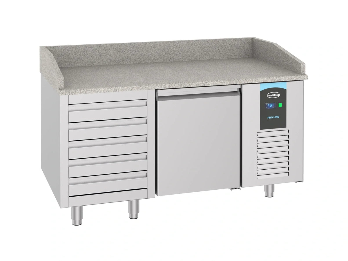Pizzawerkbank met 1 deur en 5 laden, met opzetbakken voor de toppings