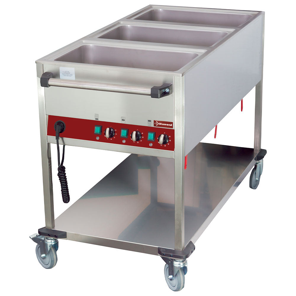 Verwarmde wagen met bain-marie voor 3x GN 1/1, bakken tot 150 mm, 3 temperaturen, Diamond CT331/D-N