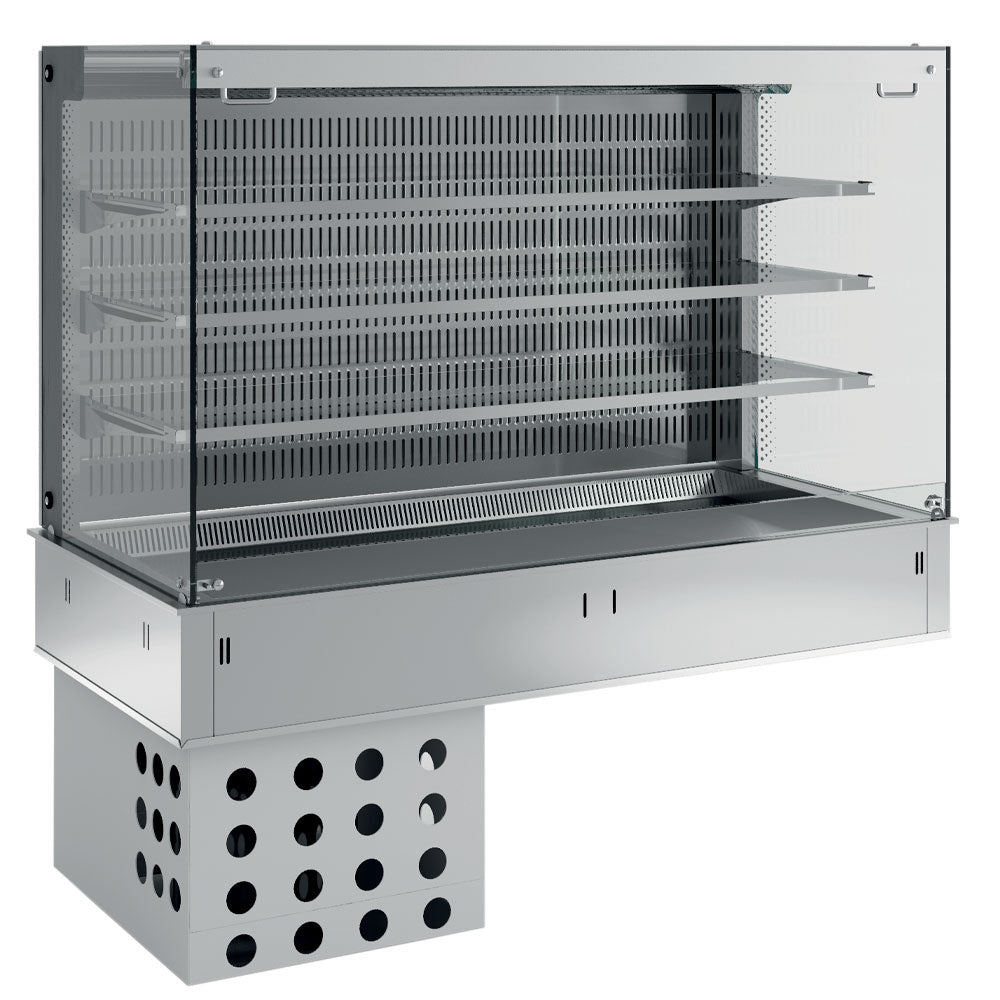 Buffetwand met blad en open vierkante vitrine op 3 niveaus (met gordijn), geventileerde koeling, 3x GN 1/1, met hermetisch aggregaat, Diamond DPA/CTVA312-R2