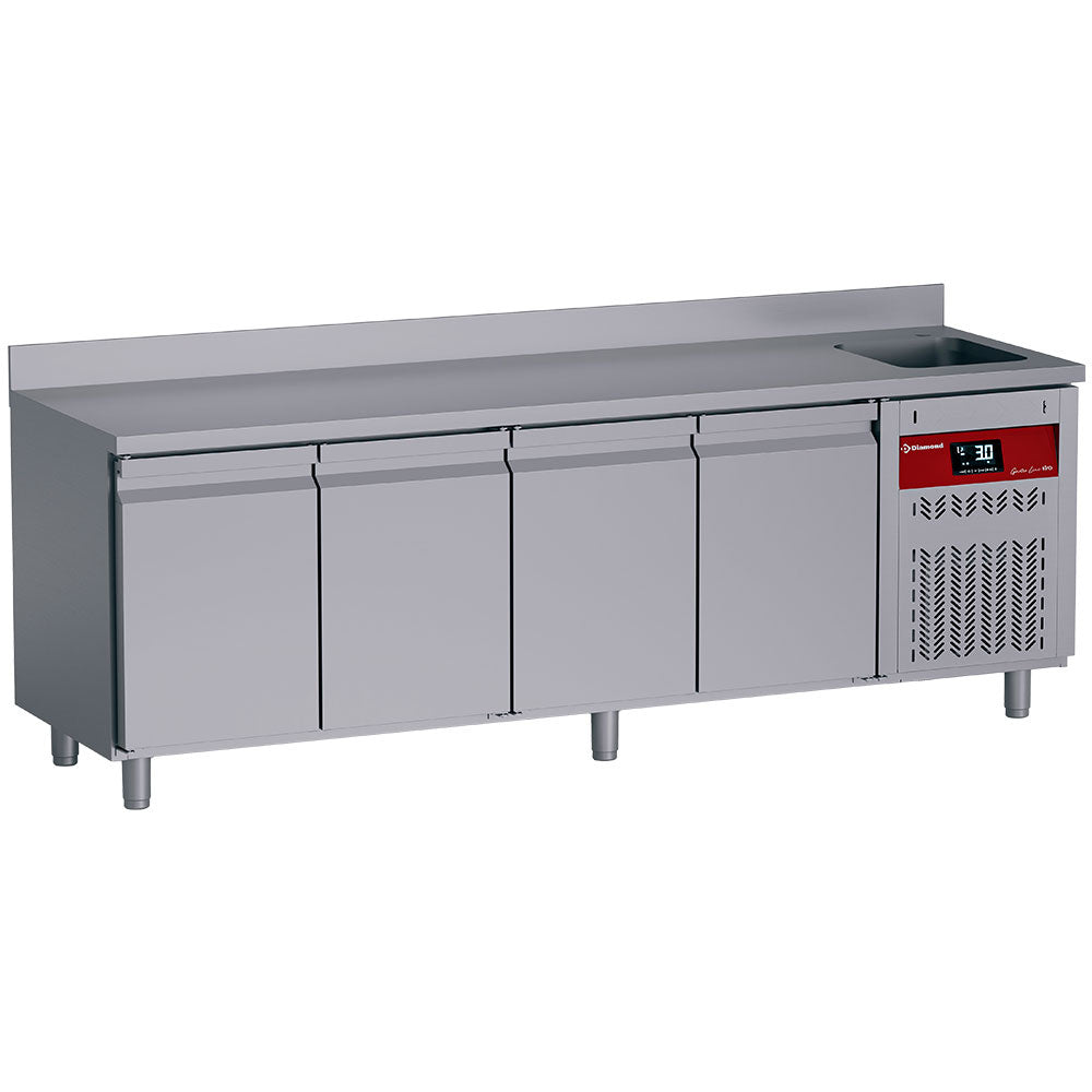 Koelwerkbank, geventileerd, 4 deuren GN 1/1, wandmodel, met spoelbak, 550 liter, Diamond DT224/P9H-DV