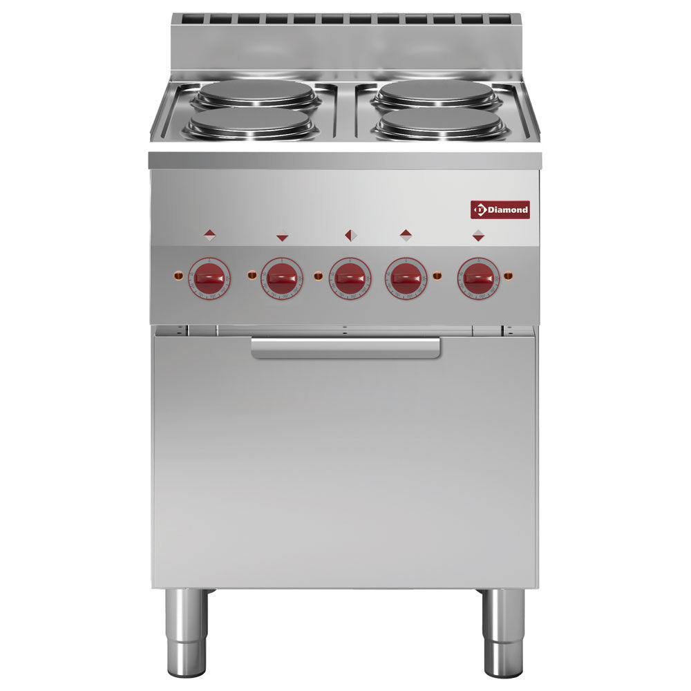 Elektrisch fornuis met 4 kookplaten en elektrische heteluchtoven GN 2/3, 60 cm breed, Diamond E60/4PFV6-N