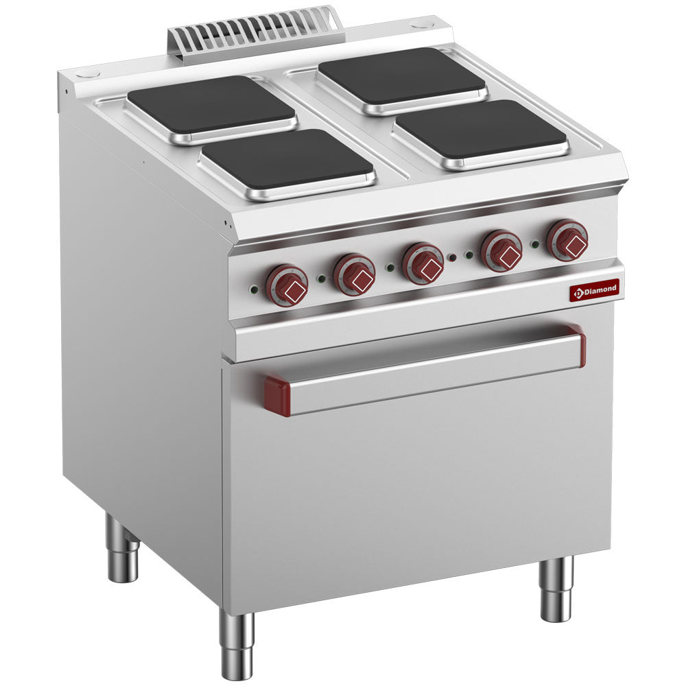 Elektrisch fornuis met 4 vierkante kookplaten, elektrische oven GN 2/1 en grill, 70 cm, Diamond E7/4PQF7-N