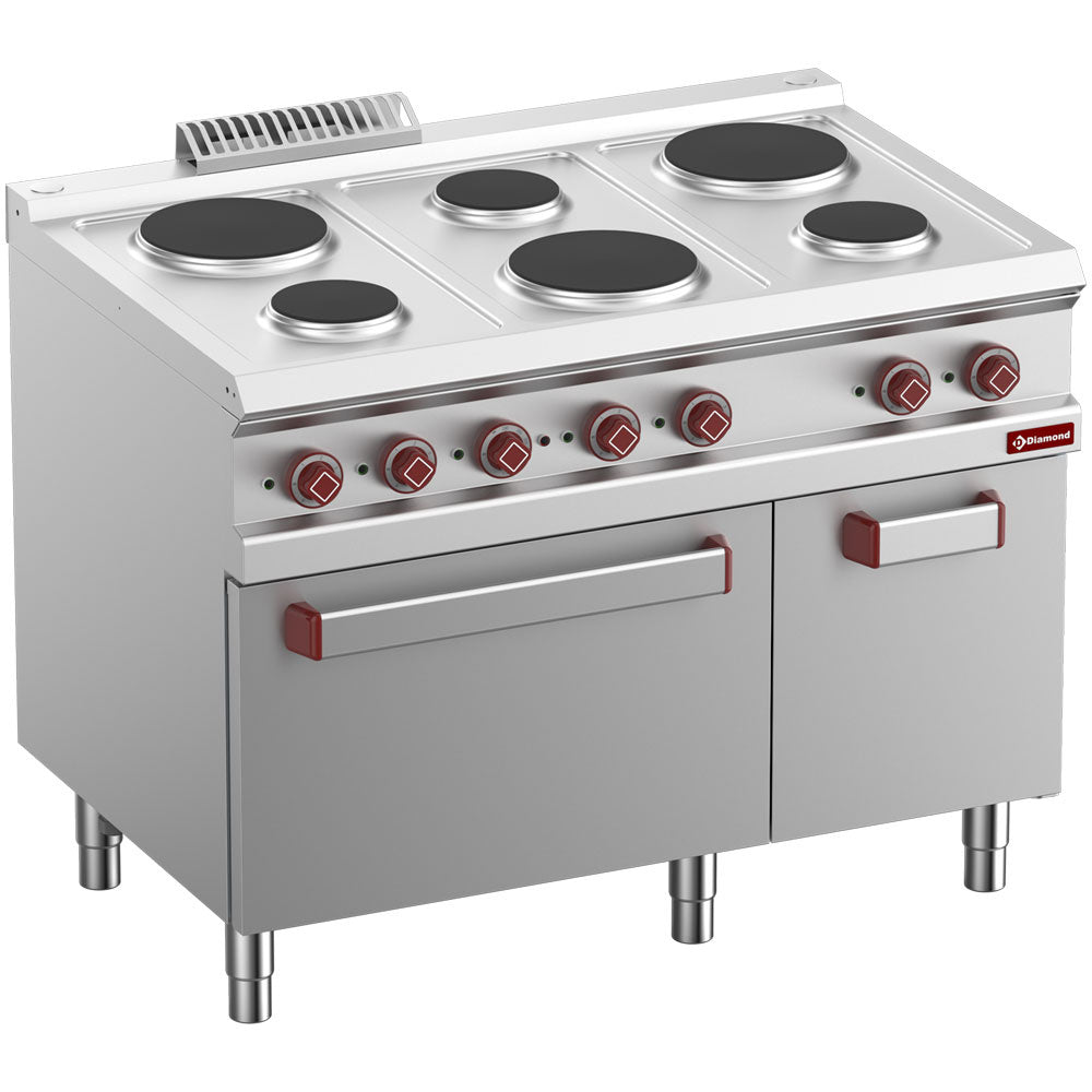 Elektrisch fornuis met 6 kookplaten, elektrische oven GN 2/1, grill en neutrale kast GN 1/1, 110 cm, Diamond E7/6PFA11-N