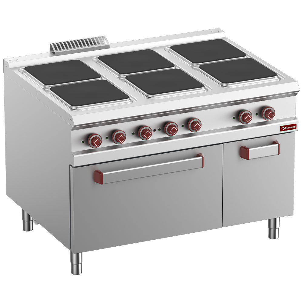 Elektrisch fornuis met 6 platen, elektrische oven GN 2/1 en gesloten neutrale kast, 120 cm, Diamond E9/6PQFA12-N