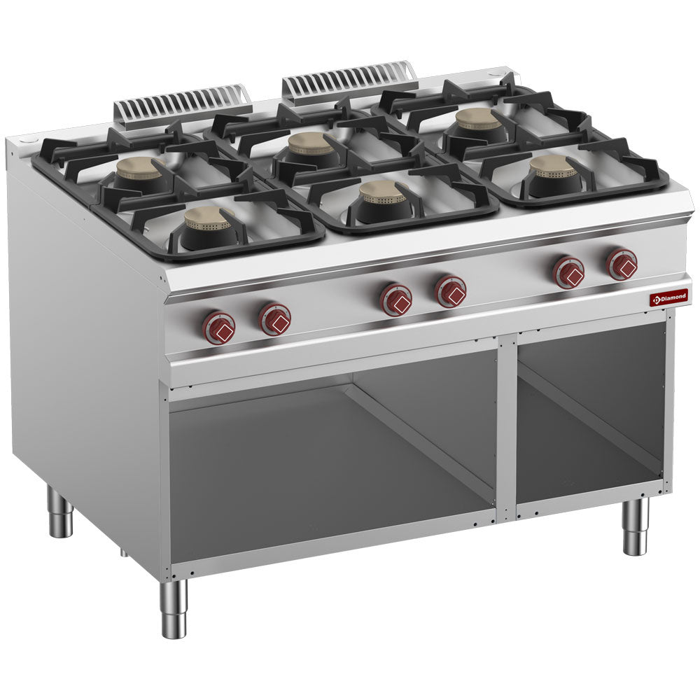 Gasfornuis met 6 branders en open onderkast, 120 cm breed, Diamond G9/6BA12-N