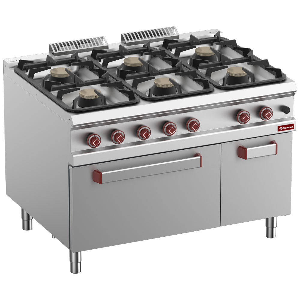 Gasfornuis met 6 branders, gasoven GN 2/1 en gesloten neutrale kast, 120 cm breed, Diamond G9/6BFA12-N