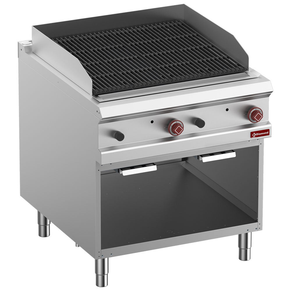 Lavasteengrill 1/1 module met tweezijdig gietijzeren rooster en open onderkast, 80 cm breed, Diamond G9/GPLA8-ZN