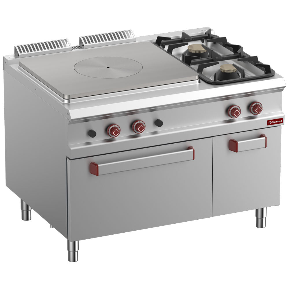 Gasfornuis met gietijzeren kookplaat, 2 branders, gasoven GN 2/1 en gesloten neutrale kast, 120 cm breed, Diamond G9/T2BFA12-N
