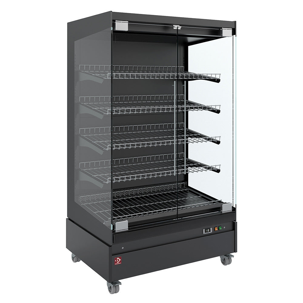 Verwarmde zelfbedieningsvitrine met glazen deuren op wielen, 4 roosters, 102 cm breed, zwart, Diamond HAS10-G5