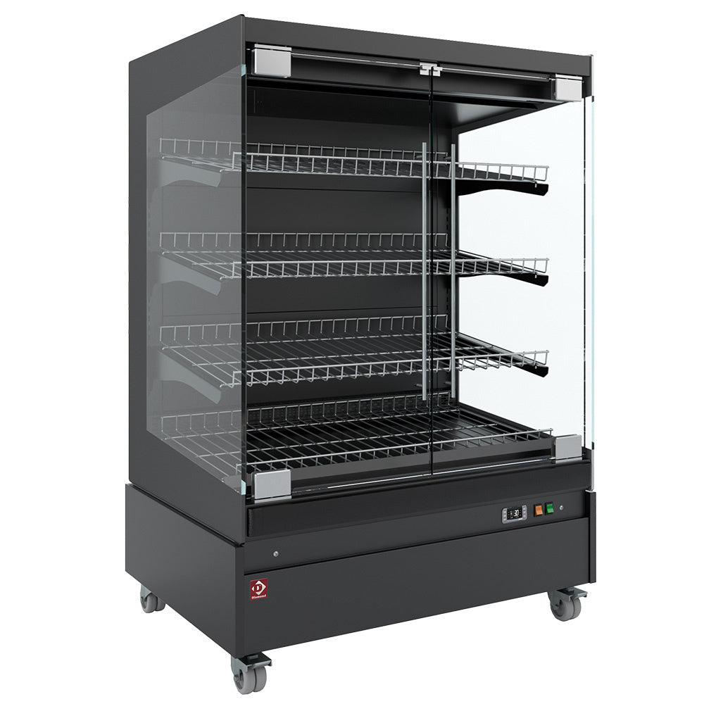 Verwarmde zelfbedieningsvitrine met glazen deuren op wielen, 3 roosters, 102 cm breed, zwart, Diamond HAS10-P5