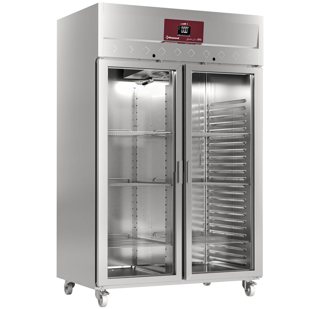 Geventileerde koelkast 1400 liter, 2 glazen deuren GN 2/1, op wielen, Diamond ID140/R9G