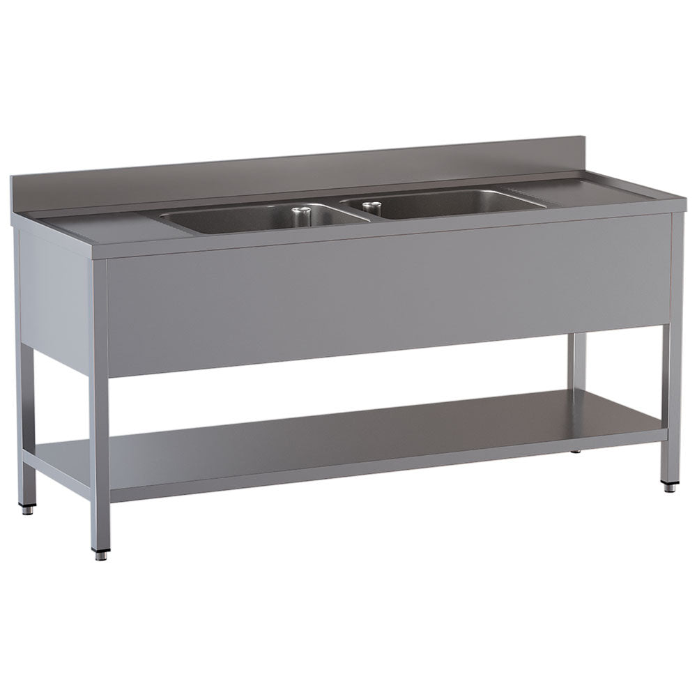 Spoeltafel 220 x 70 cm met 2 spoelbakken, 2 afdruipgedeelten (links en rechts) en onderplank, Diamond L2221/D-SX8