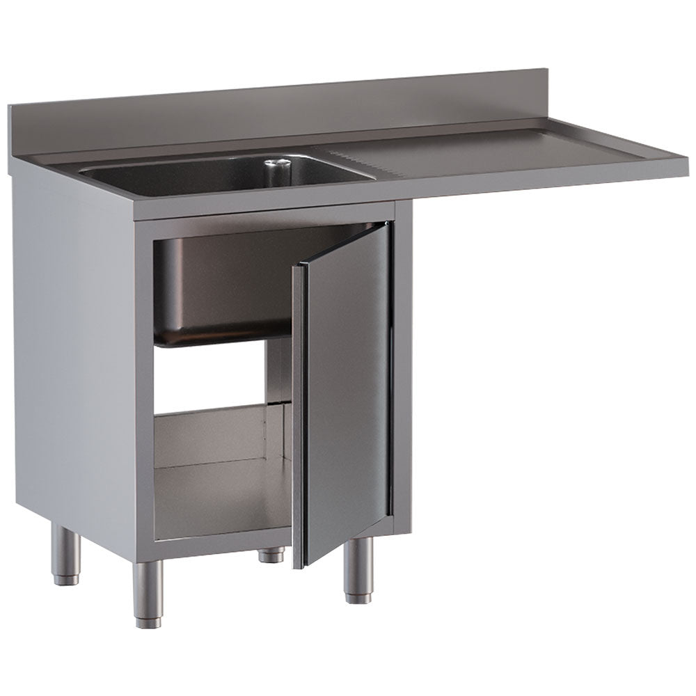 Spoeltafel met 1 bak 60 x 50 x 30 cm, afdruipbak rechts, onderkast met klapdeur en ruimte voor vaatwasser, 140 x 70 cm, rvs, Diamond L1411/VAD-SD3