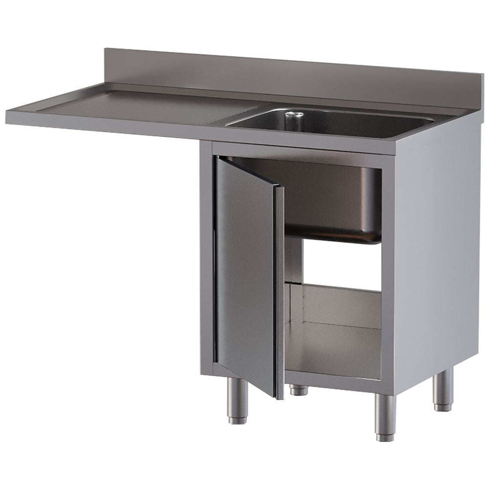 Spoeltafel met 1 bak 60 x 50 x 30 cm, afdruipbak links, onderkast met klapdeur en ruimte voor vaatwasser, 140 x 70 cm, rvs, Diamond L1411/VAD-SS3