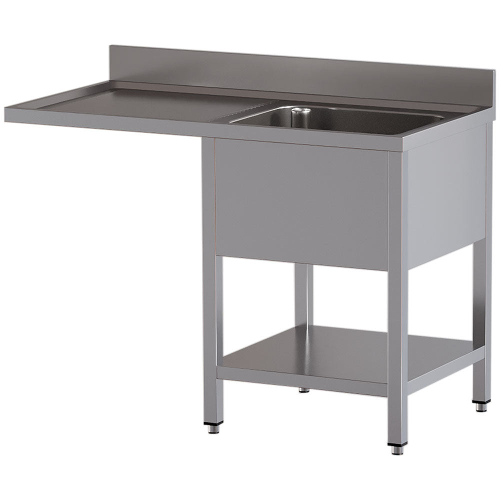 Spoeltafel 140 x 70 cm met 1 spoelbak, afdruipgedeelte links en onderplank en ruimte voor een vaatwasser, Diamond L1411/VD-SS1
