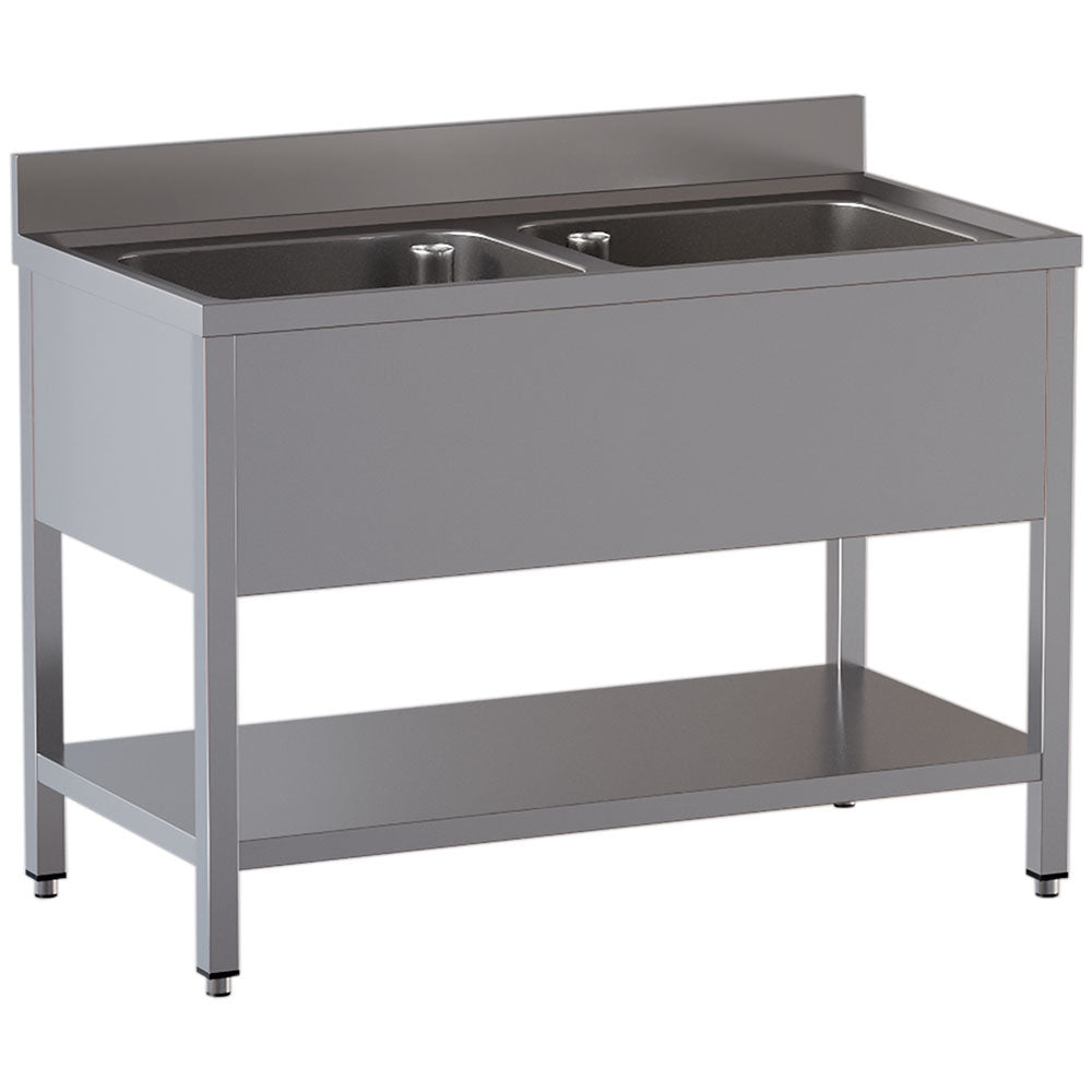 Spoeltafel 140 x 70 cm met 2 spoelbakken en onderplank, Diamond L1421/D-SX3