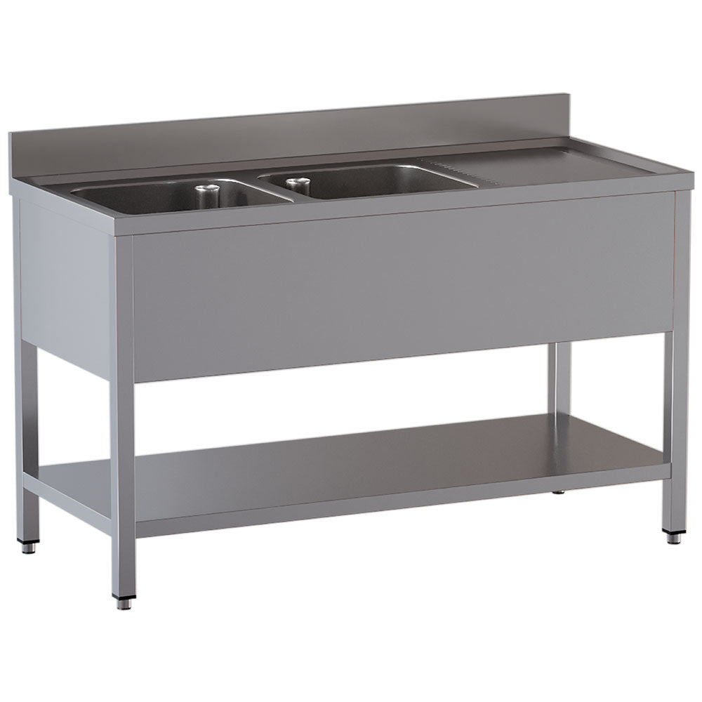 Spoeltafel 140 x 60 cm met 2 spoelbakken, afdruipgedeelte rechts en onderplank, Diamond L1421/6D-SD3