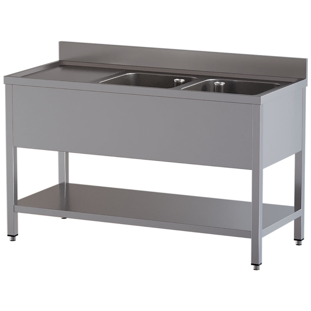 Spoeltafel 140 x 60 cm met 2 spoelbakken, afdruipgedeelte links en onderplank, Diamond L1421/6D-SS3