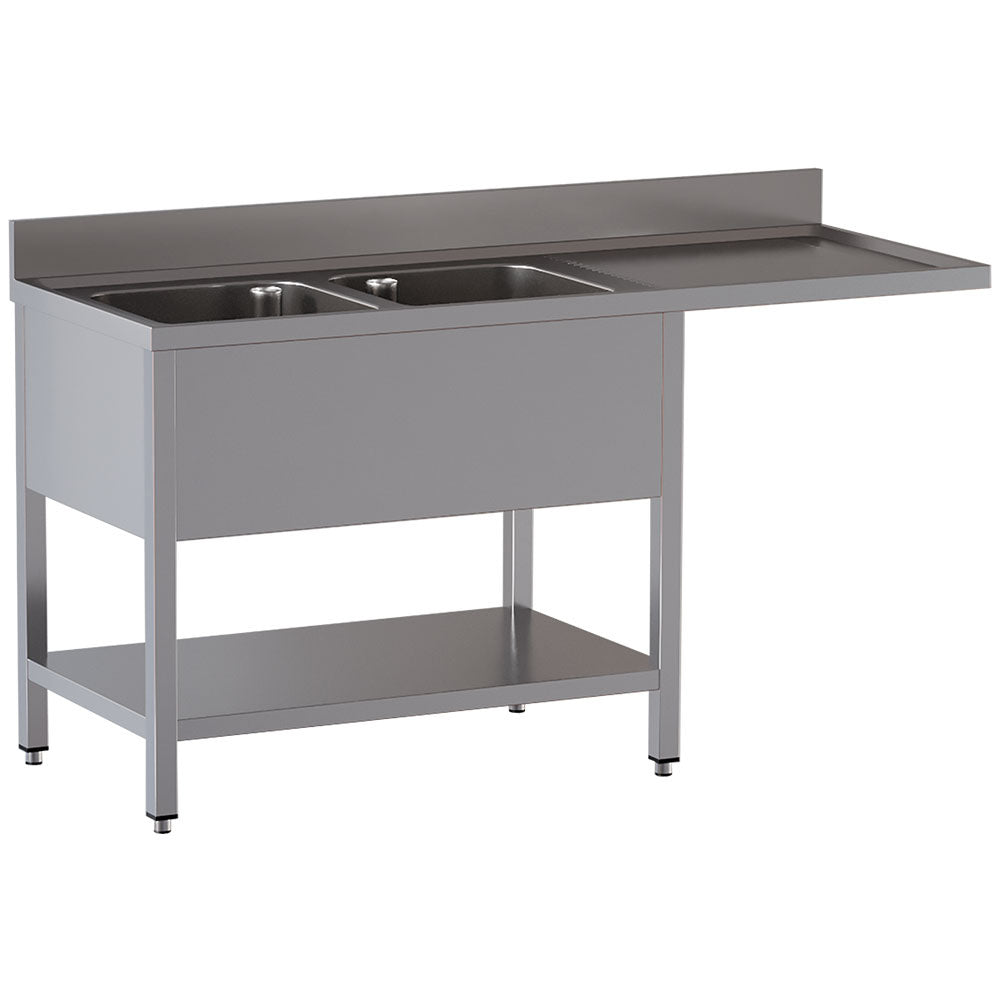 Spoeltafel 180 x 70 cm met 2 spoelbakken, afdruipgedeelte rechts en onderplank en ruimte voor een vaatwasser, Diamond L1821/VD-SD3