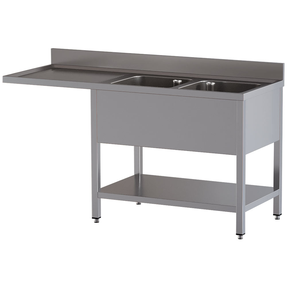 Spoeltafel 180 x 70 cm met 2 spoelbakken, afdruipgedeelte links en onderplank en ruimte voor een vaatwasser, Diamond L1821/VD-SS3