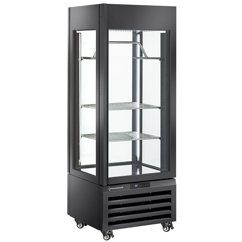 Volglazen vitrine 440 liter voor vlees, 2 planken en vleesbalk, geventileerd, zwart, Diamond MAX/507-MB