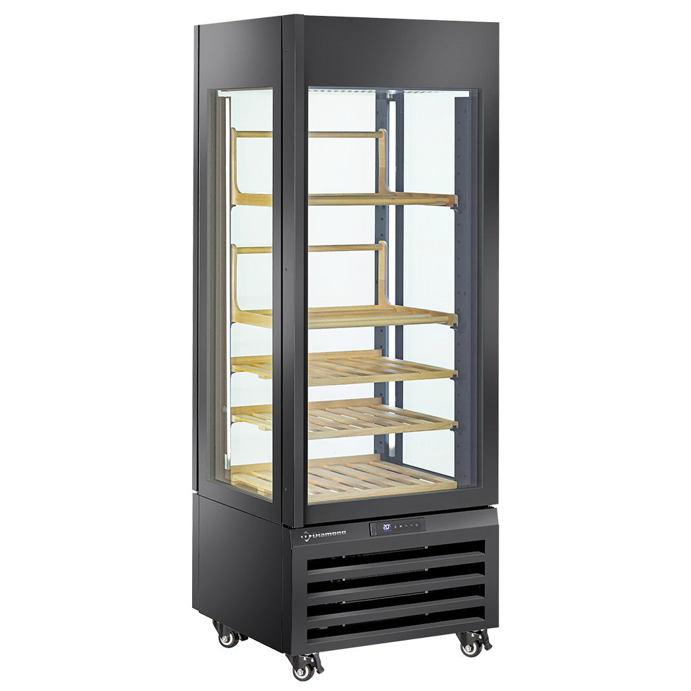 Volglazen vitrine 440 liter voor wijn, 3 planken en 2 schuine houten planken, geventileerd, zwart, Diamond MAX/507-VB2
