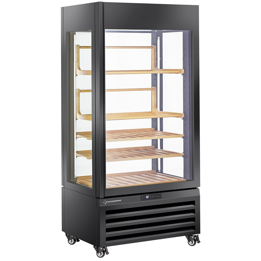 Volglazen vitrine 600 liter voor wijn, 3 planken en 2 schuine houten planken, geventileerd, zwart, Diamond MAX/609-VB2